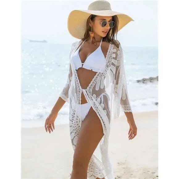 Swim Bathing Suit Cover Up 34 Sleeve Mesh Long Floral Beach Lace